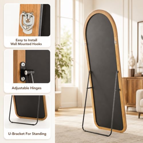 24x65 Inch Wood Arched Full Length Floor Mirror, Natural Wood - Image 5