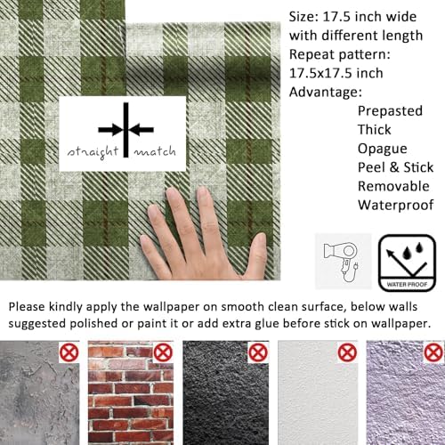 Livelynine 17.5x276" Green Plaid Peel and Stick Wallpaper Vintage Gingham Linen - Image 6