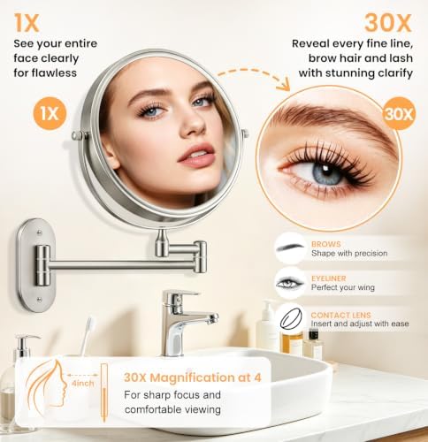 1X/30X Wall Mounted Makeup Mirror, 8 Inch Double-Sided Magnifying Mirror - Image 2