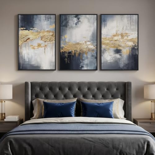 Large Framed Blue and Gold Abstract Wall Art - Image 2