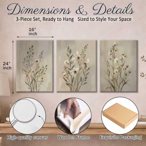 Neutral Wildflower Canvas Wall Art Set of 3, 16x24 Inch - Image 3