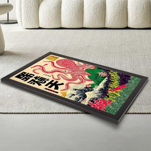 Black Framed Giant Octopus Japanese Myth Canvas Wall Art 24x36in - Image 3