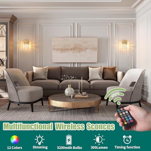 Shenmoyl Set of 2 Crystal Battery Operated Wall Sconce, Rechargeable Wall Lamp - Image 2