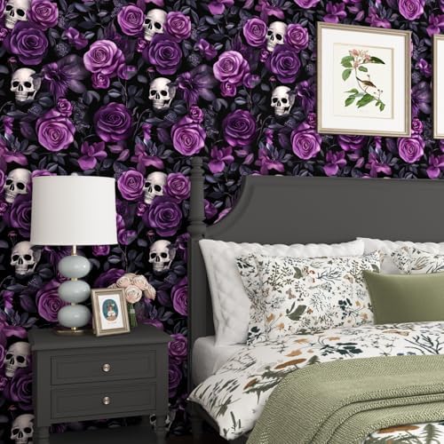 Laatse Gothic Dark Purple Skull Floral Wallpaper Peel and Stick 17.5"x787" - Image 7