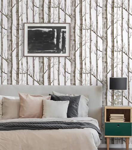 17.7" x 787" Birch Tree Wallpaper Peel and Stick White and Brown Wallpaper - Image 2