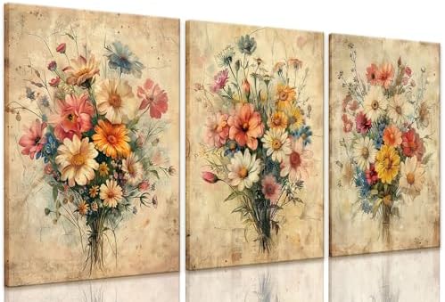 KISSFOX Framed Colorful Wildflower Canvas Wall Art Set Of 3 Flowers Pictures by KISSFOX