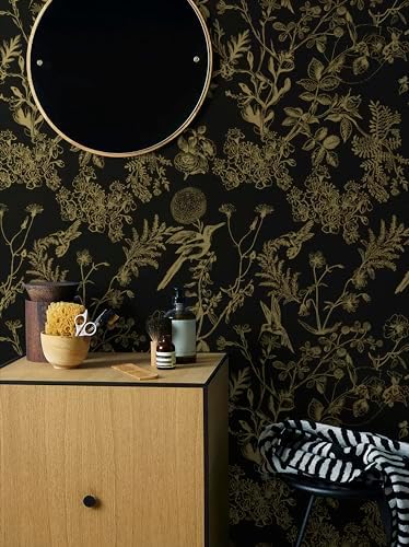 Safiyya Peel and Stick Wallpaper Floral Birds Contact Paper Black and Gold - Image 3