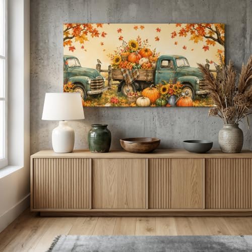 Fall Farmhouse Large Wall Art Vintage Truck Pumpkins Sunflower Maple Leaf - Image 5