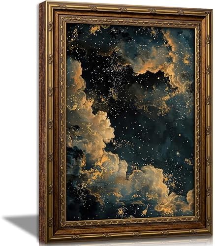 Vintage Gold Framed Moody Celestial Canvas Wall Art Retro Cloud Abstract Night by Gothicart