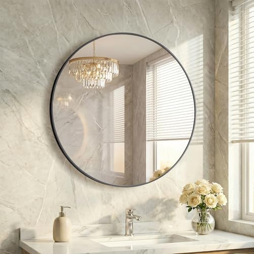 28 Inch Black Round Bathroom Wall Mirror, Round Mirrors by HAPPYMONTLLC