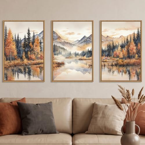 LHIUEM Large Neutral Mountain Framed Canvas Wall Art, Nature Foggy Forest Wall by LHIUEM