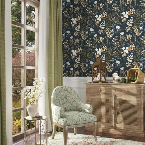 Laatse Vintage Dark Navy Gold Floral Peel and Stick Wallpaper 17.5"x393" - Image 2