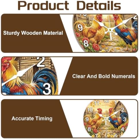 Farm Rooster Wall Clock Silent Non-Ticking 12" - Image 3