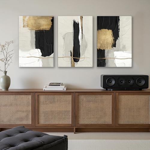 DUWQU Abstract Brushstrokes Canvas Wall Art Black White Gold 20x30 inch x3 - Image 2