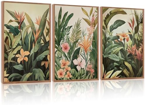 HLNIUC Boho Tropical Leaves Framed Canvas Wall Art, Abstract Flower Wall Decor by HLNIUC