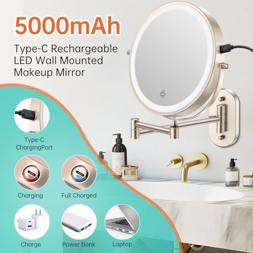 5000mAh Rechargeable Wall Mounted Lighted Makeup Vanity Mirror1X/30X Nickel - Image 2