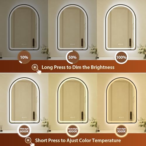 26x40 Inch Arched Black Framed LED Bathroom Mirror - Image 3