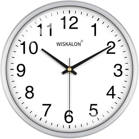 WISKALON 10 Inch Wall Clock, Silent Non-Ticking Round Silver Frame Clock by WISKALON