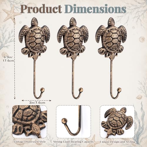 Hicarer 3 Pcs Sea Turtle Wall Hooks Cast Iron Hangers - Image 2