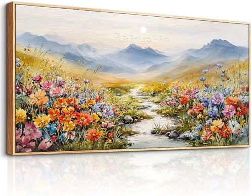 Mountain Floral Wall Art for Living Room, Sunset Wildflowers Pictures 24X48 by XIGUANGART