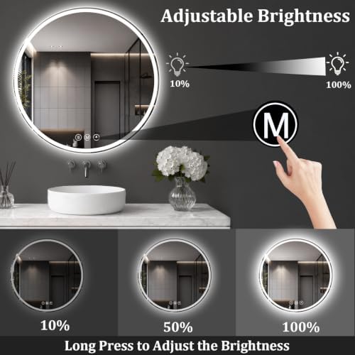 Round LED Bathroom Mirror, 26 Inch, HD Shatterproof Tempered Glass - Image 6