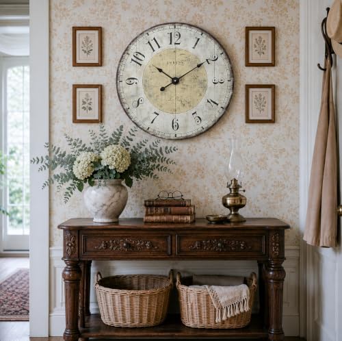 24 Inch Large Rustic Farmhouse Wall Clock, Vintage French Country Wooden Wall - Image 4