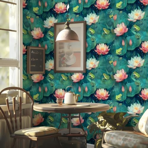 Watercolor Lotus Frog Pond Peel and Stick Wallpaper Self Adhesive 17.72" x - Image 2