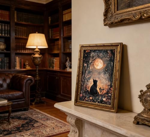 Vintage Gold Framed Black Cat Canvas Wall Art Dark Academia Gothic Full Moon - Image 5