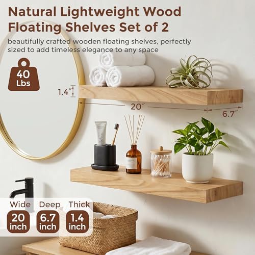 fuqing 20 Inch Floating Shelves 6.7'' Deep Natural Wood Shelves Set of 2 - Image 3