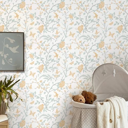 Yellow Wallpaper Floral Peel and Stick Wallpaper Boho Light Blue and Yellow - Image 2