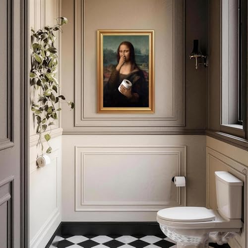 ICHZUMW Gold Framed Funny Mona Lisa Toilet Paper Canvas Wall Art, 16x24 In - Image 3