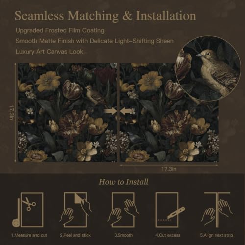 Ismoon Vintage Floral Peel and Stick Wallpaper Dark Black Contact Paper - Image 3