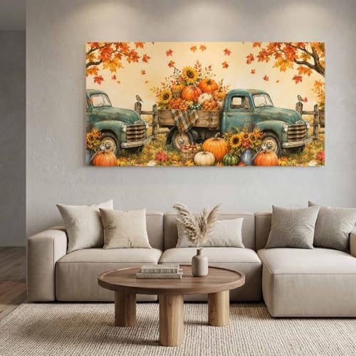 Fall Farmhouse Large Wall Art Vintage Truck Pumpkins Sunflower Maple Leaf - Image 2