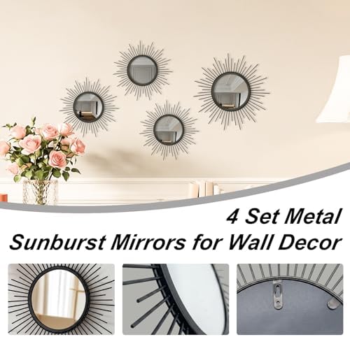4 Pieces Gold Sunburst Wall Mirror Set Modern Metal Circles - Image 2