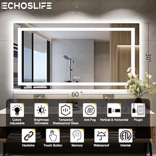 EchosLife 60"x30" Large LED Bathroom Vanity Mirror - Image 2