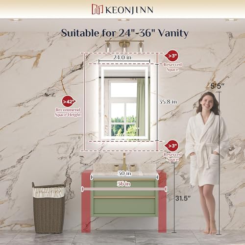 Keonjinn LED Mirror for Bathroom 24" x 36", Front & Backlit, Tempered Glass - Image 2