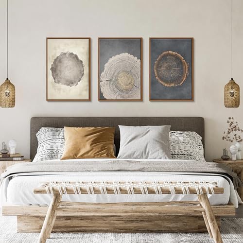 3Pcs Neutral Tree Ring Framed Canvas Wall Art Beige Gray Paintings 12"x16" - Image 3