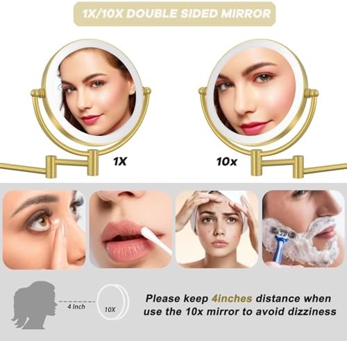 8" Lighted Magnifying Makeup Mirror Wall Mounted, Brushed Moderne Brass - Image 3