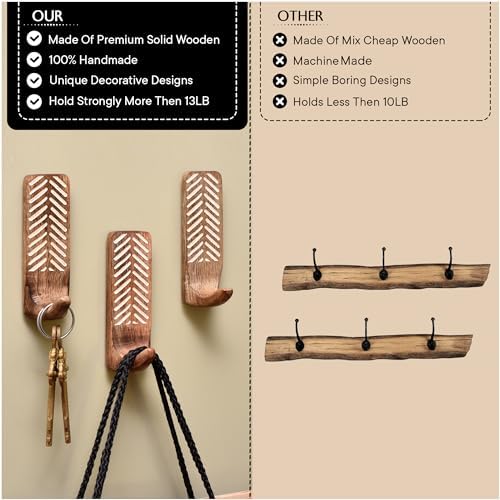 Indian Shelf 6 Pieces Wooden Adhesive Wall Hooks - Image 3