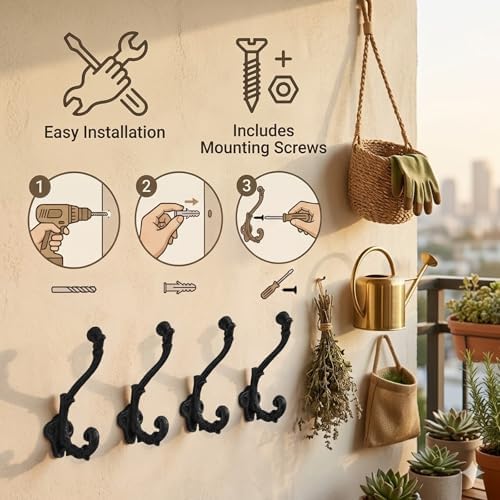 6pcs Rustic Cast Iron Coat Hooks Wall Mounted Heavy Duty Hook Vintage Black - Image 5