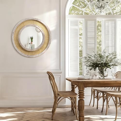JJUUYOU Round Mirror Wood Frame Circle Hanging Mirrors - Image 5