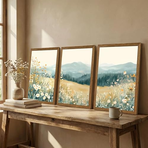 AVECCO 3 Pieces Wildflower Meadow Mountain Framed Canvas Wall Art 16x24 in - Image 5
