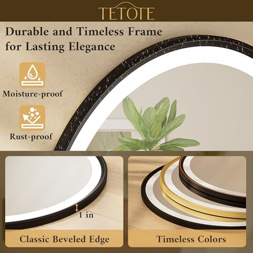 TETOTE Round Led Lighted Bathroom Mirror Matte Black Frame 30 Inch Front and - Image 2