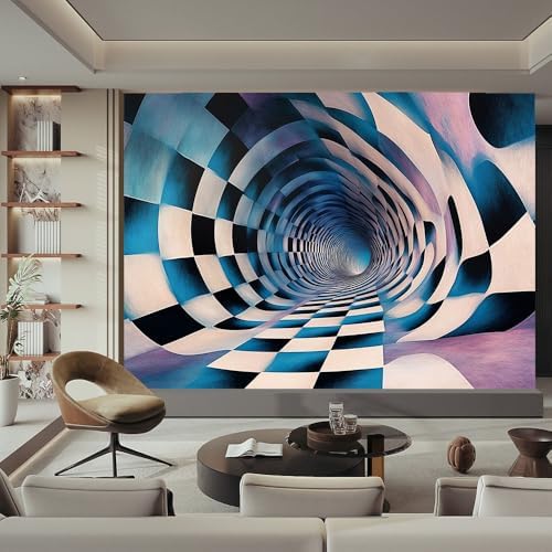 Blue Black White 3D Art Wall Mural Wallpaper Checkered Illusion Tunnel Op Art - Image 2
