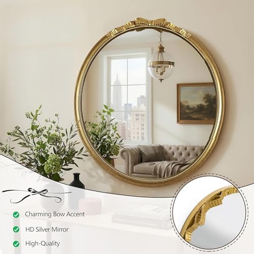 Gold Round Bow Mirror French Baroque Metal Frame Room Wall Decor 28" - Image 5