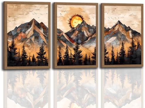 Geometric Mountain Wall Art Set of 3, Abstract Sunset Canvas Prints by Unknown