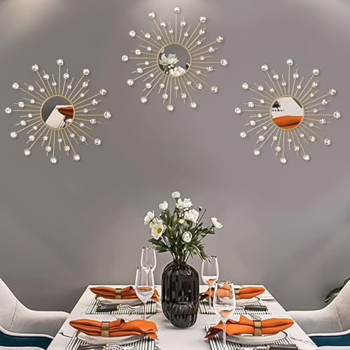 Uaussi 3 Pack Crystal Sunburst Wall Mirror Décor Rhinestone Mirrors Decorative by Uaussi
