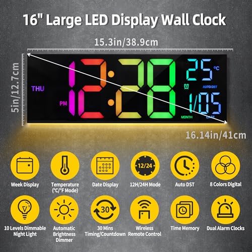 HAITANG 16.2" White Digital Wall Clock, 8 Colors, Remote & Night Light - Image 2