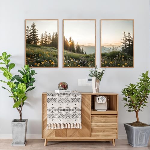 FWIEXA Green Forest Mountain Framed Canvas Wall Art Set, Wildflower Meadow Wall - Image 5