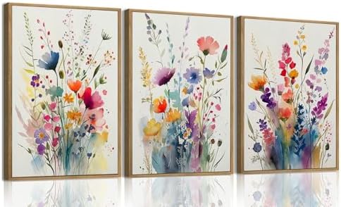 KISSFOX 3 Piece Colorful Wildflower Botanical Framed Wall Art Watercolor Floral by KISSFOX